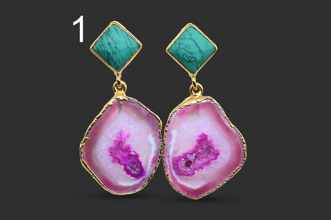 Druzy Geode 24k Gold Plated Earrings, Druzy For Women Girl Earrings, Chalcedony Studs Stud Earrings Slice Agate Geode Druzy Earrings 844