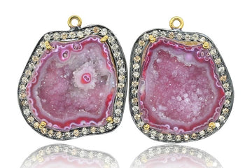 Pave Diamond Earrings, Druzy Geode Earrings, Red Spark Geode