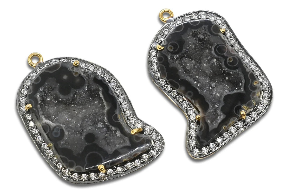 Pave Diamond Earrings, Druzy Geode Earrings, Black Spark Geode