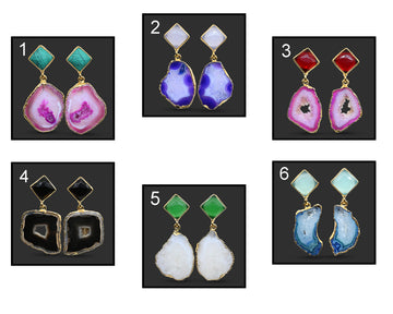 Druzy Geode 24k Gold Plated Earrings, Druzy For Women Girl Earrings, Chalcedony Studs Stud Earrings Slice Agate Geode Druzy Earrings 844